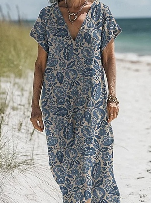 Women's Long Dress Maxi Dress Cotton Linen Dresses Casual Dress Boho Dress  Western Dress Fashion Outdoor Party Holiday Regular Fit Flower Short Sleeve  V Neck Blue Green Dark Blue Light Blue Summer