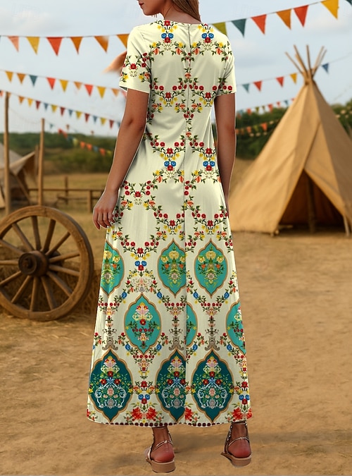 Women's Midi Dress Sundress Summer Dress Vacation Casual Boho Going out  Beach Loose Fit Graphic Tribal Short Sleeve V Neck Yellow Blue Purple  Summer Spring 2026 - $31.99