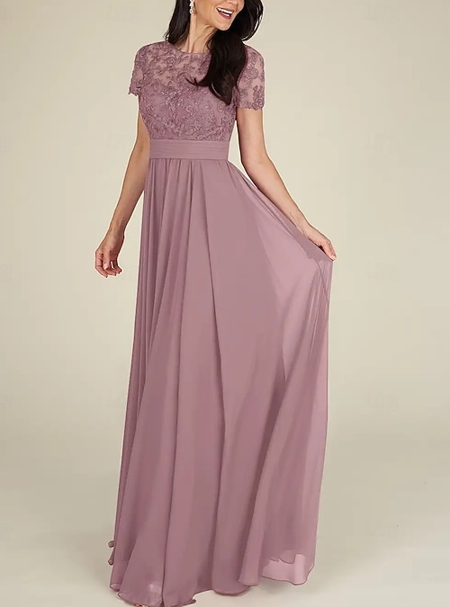 A-Line Mother of the Bride Dress Wedding Guest Elegant Crew Neck Floor  Length Chiffon Lace Short Sleeve with Lace Pleats Ruched 2026 - $197.99