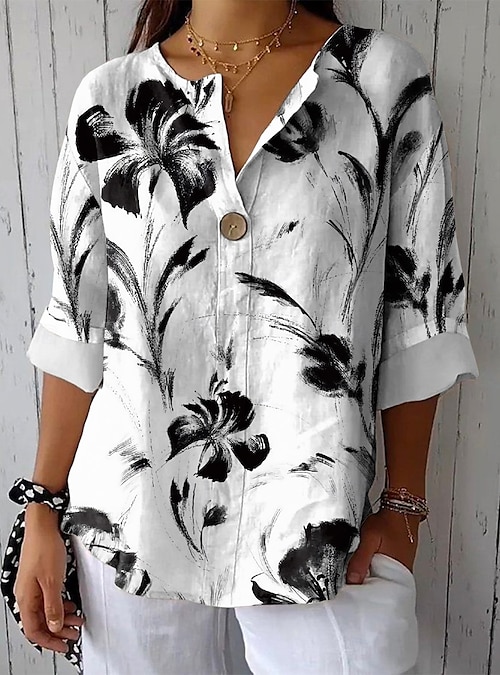 Camisa de mujer de manga larga escote en V gráfica floral elegante