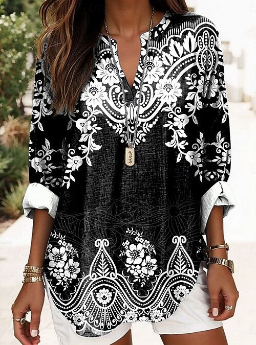 Women's Blouse Linen Like Breathable Lightweight Tunic V Neck Long Sleeve  Boho Casual Graphic Geometric Elegant Daily Regular Tops Daily Print Black  Yellow Red Blue Gold 2026 - 29.99