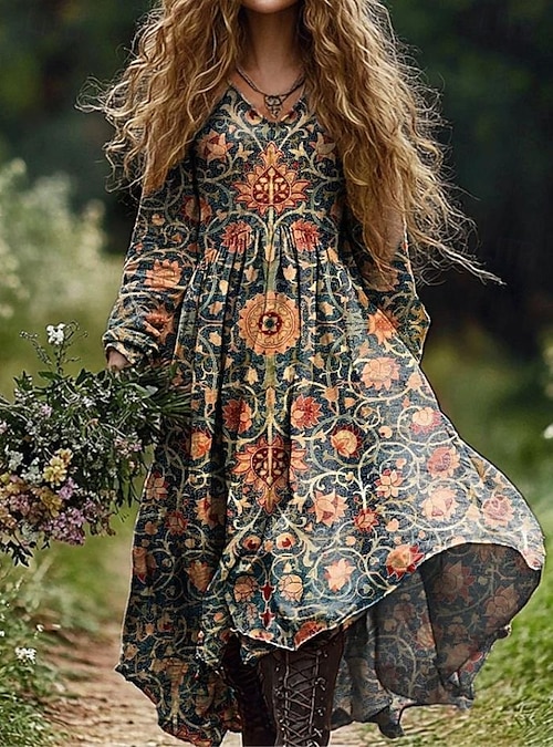 woman boho pleated dress Women's Maxi Sundress Dress Vacation Casual Going out Beach Standard Fit Graphic Paisley Long Sleeve V Neck Deep Green Black Red Blue Summer Spring 2026 Farm Rio - Blue Web Collection: Chateau Size:22.5 35/36 Crafted with premium fluid