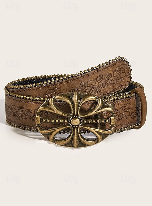 Vintage Wide LEATHER BELT WomenBoho Engraved Gold Western Buckle & Green Stone Western Floral Engraved Buckle Gold Cross Conchos Full Grain  main image 4