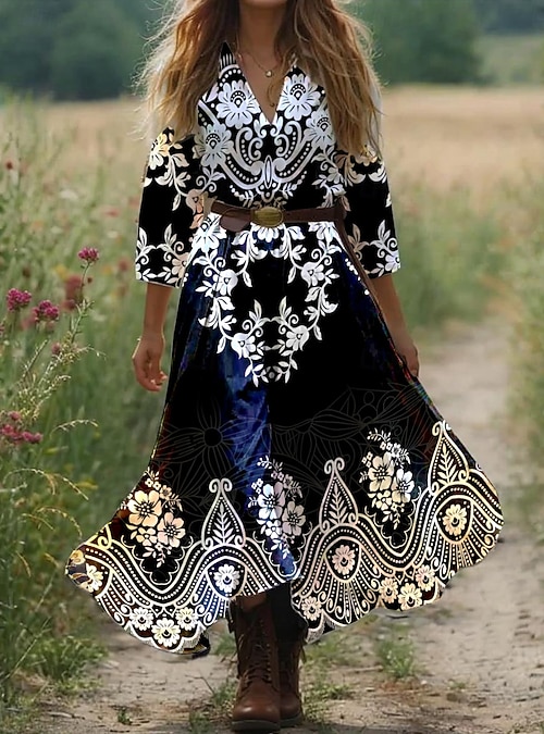 Women's Maxi Dress Boho Dress Western Dress Vintage Sundress Pleated Dress  Vacation Casual Going out Beach Graphic Paisley Tribal 3/4 Length Sleeve V  Neck Black Pink Blue Orange Summer Spring 2026 - CHF33