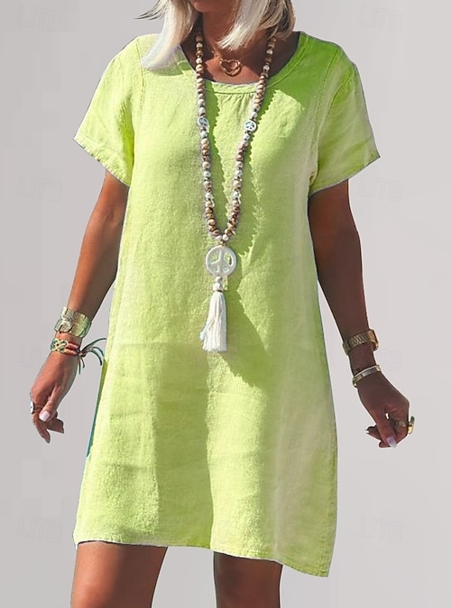 Women's Long Dress Maxi Dress Faux Cotton Linen Shift Dress Modern Daily  Loose Fit Pure Color Short Sleeve Crew Neck Neon Green White Pink Purple  Summer 2026 - kr.219