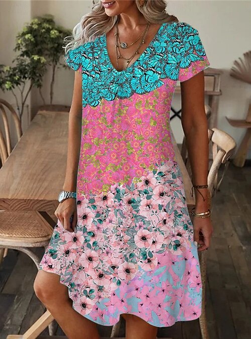 Women's Mini Dress A Line Dress Summer Dress Casual Daily Regular Fit  Floral Graphic Color Block Short Sleeve V Neck Pink Navy Blue Royal Blue  Blue Summer 2026 - $19.99