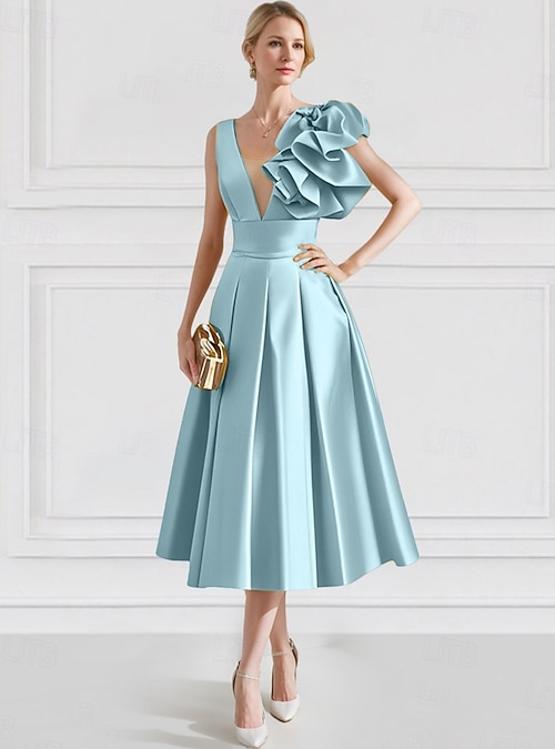 A-Line Ankle Length Cocktail Dresses Party Dresses Elegant Vintage  Sleeveless V Neck Wedding Formal Satin with Pocket Shouder Flower 2026 -  $138.99