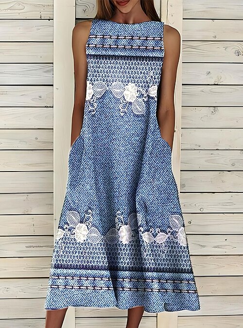Women's Midi Dress Sundress A Line Dress Summer Dress Vacation Casual  Cocktail Daily Holiday Summer Dress Regular Fit Graphic Geometric  Sleeveless Crew Neck Navy Royal Blue Blue Sky Blue Summer 2026 -