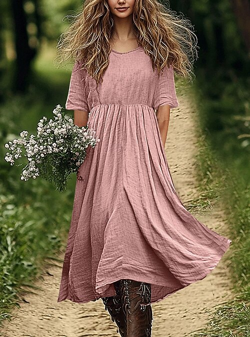 ladies cotton shift dresses snilers Womens Cotton Linen Shirt Dress Summer Casual 3/4 Sleeve Crewneck Shift  Dresses Beach Cover Up Shirts with Pockets L