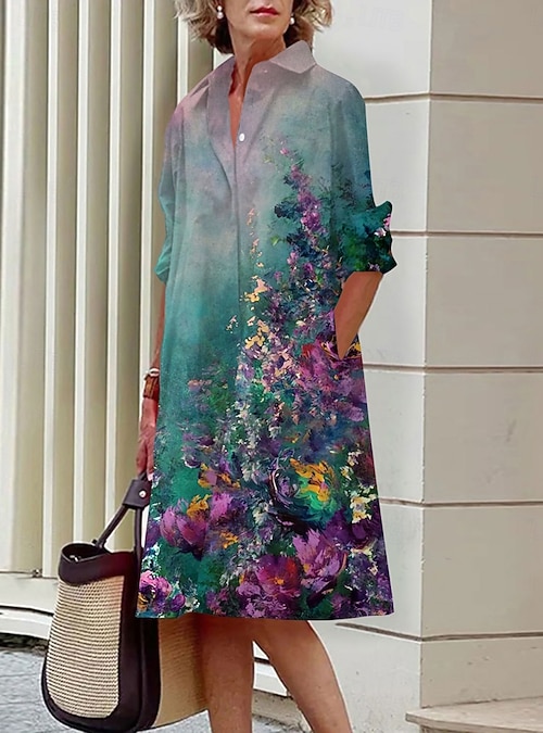 Women's Mini Dress Shirt Dress Casual Dress Summer Dress Fashion Daily  Vacation Weekend Regular Fit Floral Long Sleeve Shirt Collar Blue Aqua Blue  Pink Dark Green Summer 2026 - 21.99