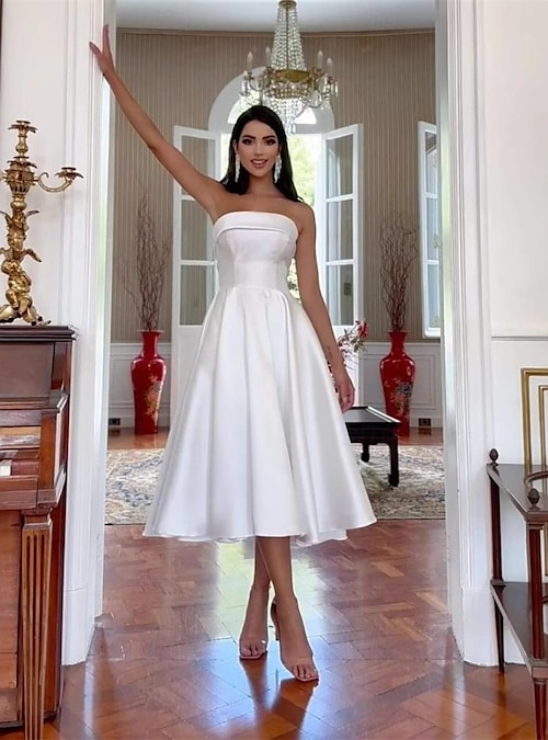 A-Line Tea Length Wedding Dresses Bridal Shower Dresses Bridal Gown Simple Royal Style Little White Dresses Sleeveless Off Shoulder Graduation Birthday Satin with Solid Color 2026 - $115.99 A-Line Tea Length Wedding Dresses Bridal Shower Dresses Bridal Gown Simple Royal Style Little White Dresses Sleeveless Off Shoulder Graduation Birthday Satin with Solid Color 2026 - $115.99