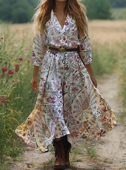 Women's Maxi Dress Boho Dress Western Dress Vintage Sundress Pleated Dress  Vacation Casual Going out Beach Graphic Paisley Tribal 3/4 Length Sleeve V  Neck Black Pink Blue Orange Summer Spring 2026 - kr.389