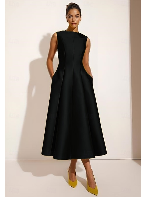 a line cocktail dress with pockets Amazon.com: BessDress Black Off Shoulder Evening Formal Dress with Pockets Tea Length Graduation Dress Satin A Line Party Gown Black Size 2 : Clothing, Shoes & Jewelry