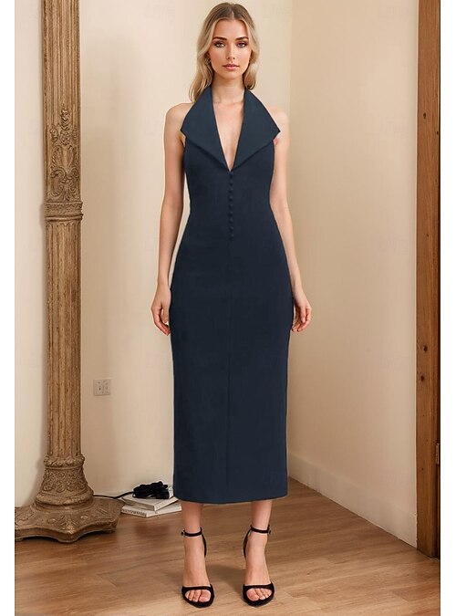 sachin and babi light blue dress Tuxedo Dress Sheath / Column Cocktail Dresses Elegant Semi Formal Wedding  Tea Length Sleeveless V Neck Stretch Crepe 2026