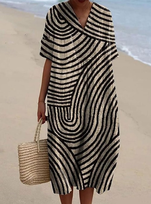 Women's Midi Dress Sundress A Line Dress Vacation Casual Beach Party Going  out Beach Loose Fit Graphic Geometric Short Sleeve V Neck White+Black dark  brown Ash Summer Spring 2026 - $38.99