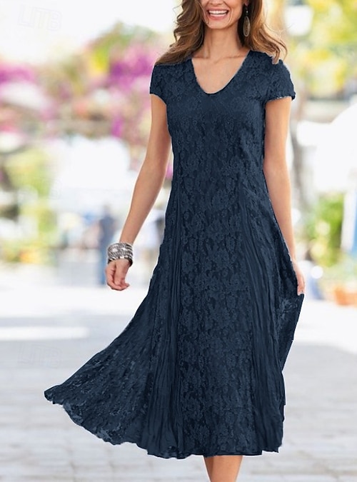 Beach Wedding Sheath Mother of the Bride Dress Wedding Guest Elegant Party Petite V Neck Tea Length Lace Short Sleeve with Pleats Solid Color free custom size 2026 - 127.99 Beach Wedding Sheath Mother of the Bride Dress Wedding Guest Elegant Party Petite V Neck Tea Length Lace Short Sleeve with Pleats Solid Color free custom size 2026 - 127.99