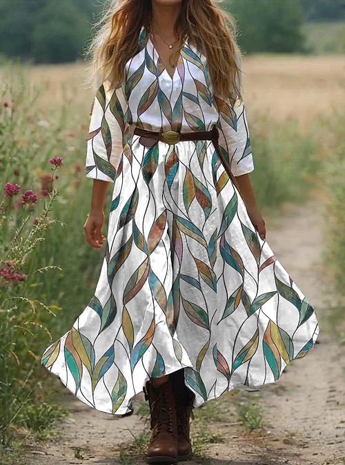 woman boho pleated dress Women's Western Dress Vintage Maxi Dress Sundress Dress Vacation Casual Boho Going out Beach Standard Fit Floral Graphic 3/4 Length Sleeve V Neck White Light Green Blue 2026 5’10 Plus Model Waist collection-sustainable-style Claudine Women's Velvet Dress Color:teal blue