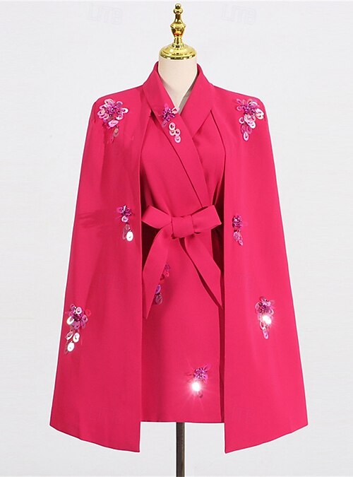 A-Line Cape Dresses Elegant Tuxedo Dress Hot Pink Wedding Wedding Guest  Short / Mini Long Sleeve V Neck Blazer Dress with Sequins 2026 - $137.99