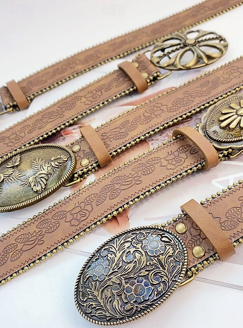 Women's Boho Floral Engraved Wide Leather Belt Vintage Western Style with Antique Gold Flower Buckle, Adjustable Waistband for Dresses, Festivals Women's Boho Floral Engraved Wide Leather Belt Vintage Western Style with Antique Gold Flower Buckle, Adjustable Waistband for Dresses, Festivals