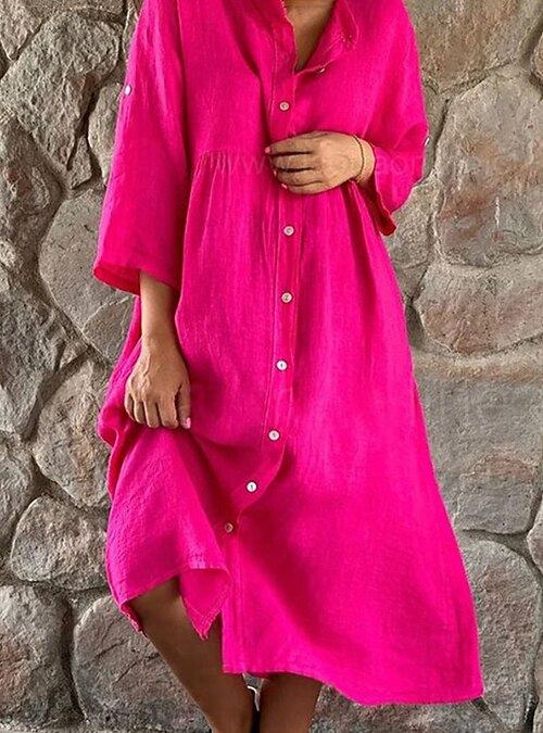 Women's Long Dress Maxi Dress Faux Cotton Linen Shirt Dress Cotton Linen  Dresses Casual Dress Fashion Outdoor Party Holiday Regular Fit Plain 3/4  Length Sleeve Stand Collar Bright pink White Grey 2026 - $19.99