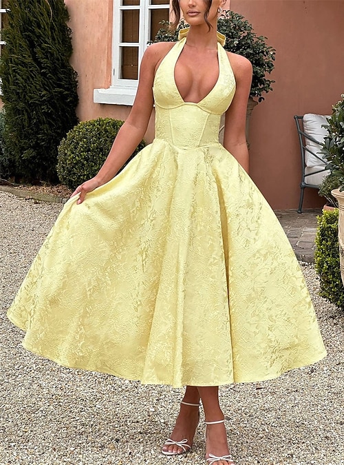 A-LineDress Jacquard Dress Semi Formal Cocktail Dress Wedding Midi Length  Sleeveless Halter Neck Bow Backless with Lace Up Detail Wedding Guest Dress  2026 - CAD $138.99