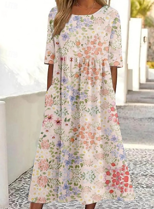 Women's Midi Dress Casual Dress Skater Dress Summer Dress Fashion Modern  Daily Weekend Fall Dress Regular Fit Floral Half Sleeve V Neck Blue White  Purple Khaki Fall 2026