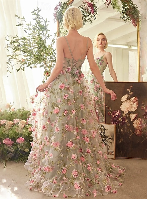 Ball Gown A-Line Floor Length Prom Dresses Elegant Princess Sleeveless Spaghetti Strap Prom Evening Party Backless with Floral Print Pleats Slit