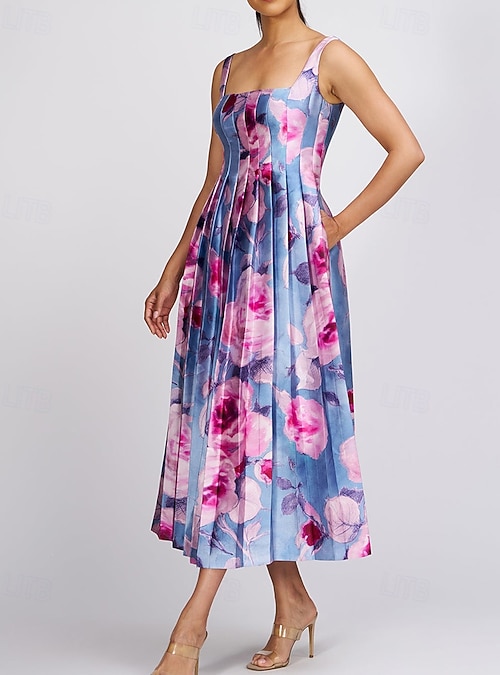 Floral Print A-Line Cocktail Dresses Elegant Dress Semi Formal Wedding  Guest Dress Tea Length Midi Length Sleeveless Square Neck Satin 2026 -  $166.99