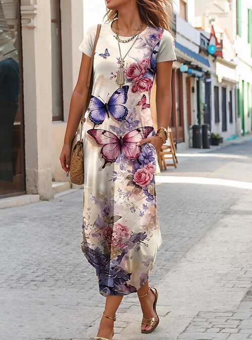 Women's Midi Dress T Shirt Dress Tee Dress Summer Dress Vacation Casual  Beach Daily Tea Party Going out Regular Fit Floral Graphic Butterfly Short  Sleeve Crew Neck Red Sky Blue Green Dark