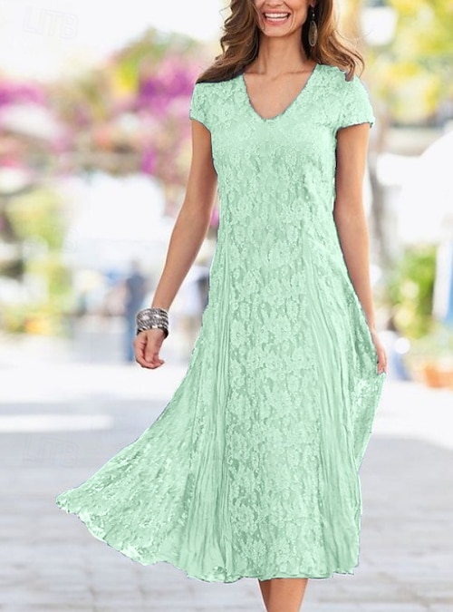 Beach Wedding Sheath Mother of the Bride Dress Wedding Guest Elegant Party  Petite V Neck Tea Length Lace Short Sleeve with Pleats Solid Color free  custom size 2026 - kr.1089