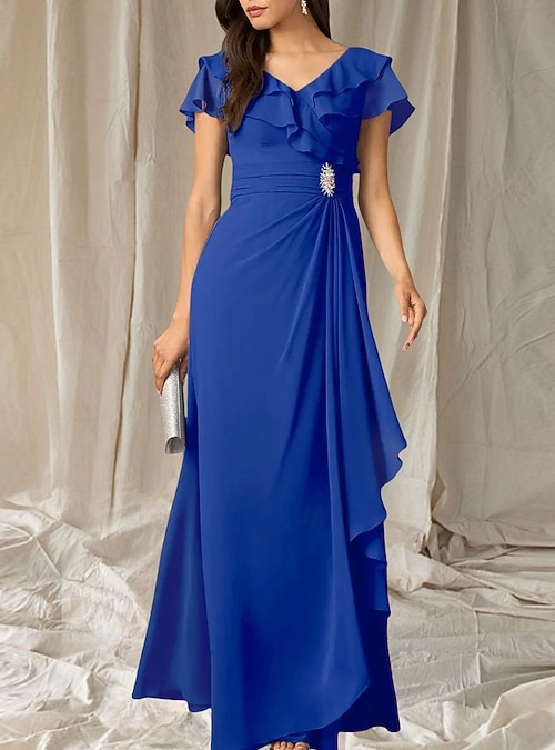 A-Line Wedding Guest Dresses Elegant Dress Wedding Guest Floor Length Short  Sleeve V Neck Chiffon with Pleats Ruffles 2026