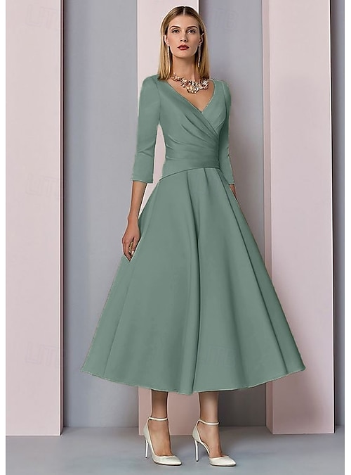 A-Line Tea Length Cocktail Dresses Party Dresses Elegant Vintage Plus Size 3/4 Length Sleeve V Neck Wedding Guest Satin with Pleats 2026 - $121.99 A-Line Tea Length Cocktail Dresses Party Dresses Elegant Vintage Plus Size 3/4 Length Sleeve V Neck Wedding Guest Satin with Pleats 2026 - $121.99