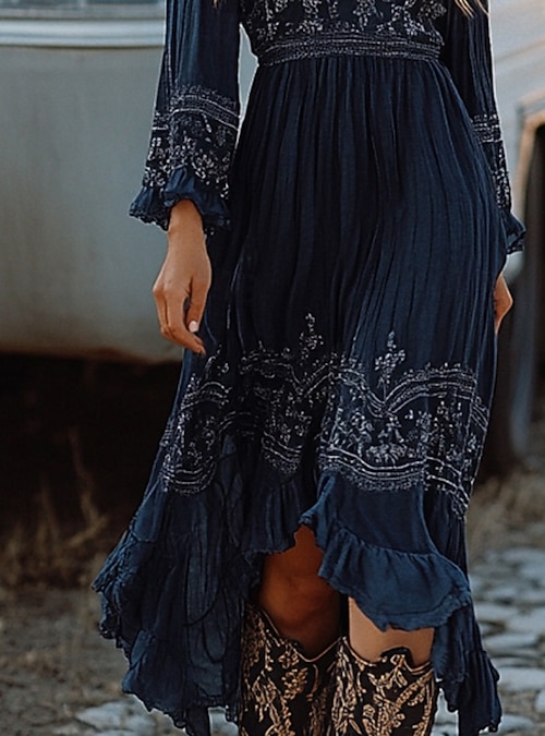 Women's Midi Dress Boho Dress Western Dress Fashion Classic Holiday Going  out Weekend Regular Fit Flower Long Sleeve V Neck Dark Blue Summer 2026 -  $39.99