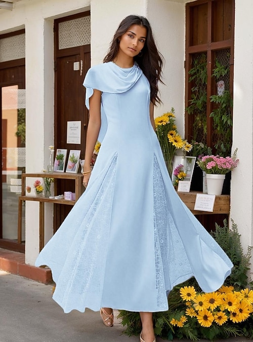 sachin and babi light blue dress Beach Wedding A-Line Cocktail Dresses Elegant Dress Wedding Guest Tea  Length Sleeveless Cowl Neck Stretch Chiffon with Ruched Dresses 2026 main image 1