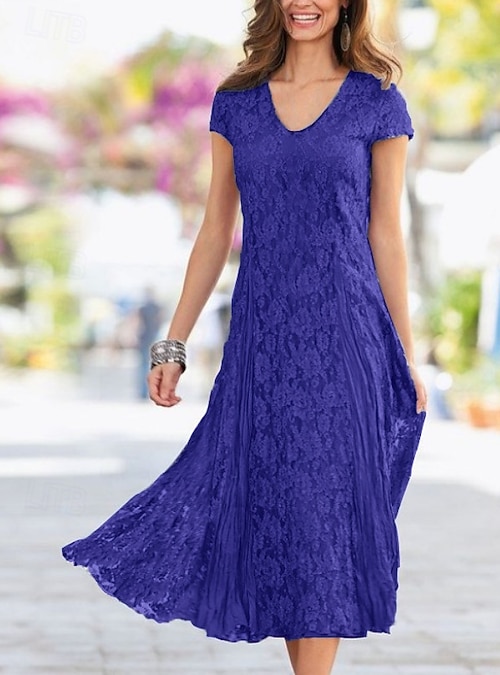 Beach Wedding Sheath Mother of the Bride Dress Wedding Guest Elegant Party  Petite V Neck Tea Length Lace Short Sleeve with Pleats Solid Color free  custom size 2026 - kr.1089
