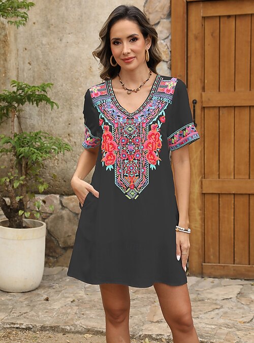Valentine's Day Women's Normal Mini Dress Boho Chic Dresses A Line Dress  Bohemia Stylish Classic Elbow Sleeve Party Date Form Fit Floral Plain Short  Sleeve V Neck Black White Red Summer 2026 -