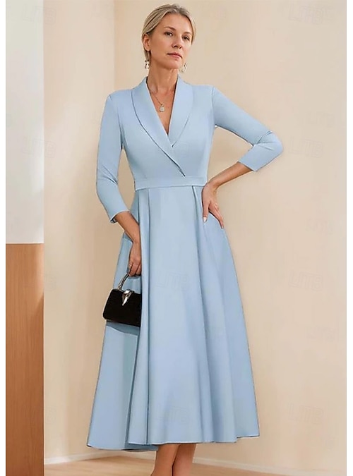 Women's Tuxedo Dress A-Line Formal Satin Elegant Simple 3/4 Sleeve Pleated  Tea Length Shawl Lapel 2026 - kr.1589