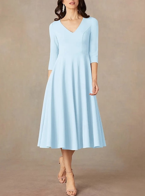 A-Line Ankle Length Party Dress Cocktail Dress Wedding Guest Dress Mother of the Bride Dress 3 4 Length Sleeve V Neck Elegant Minimalist Wedding Guest