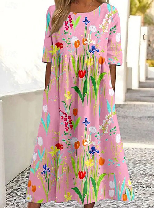 Women's Midi Dress Summer Dress Pleated Dress Vacation Casual Beach Holiday  Loose Fit Floral Graphic Short Sleeve Crew Neck Pink Blue Green Summer 2026  - $42.99