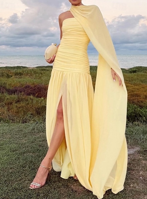 A-Line Evening Gown Dropped Waist Dress Semi Formal Wedding Guest Cape Dress Floor Length Sleeveless Off Shoulder Chiffon with Ruched Dreails