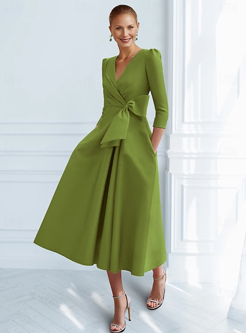 A-Line Ankle Length Cocktail Dresses Elegant Vintage 3/4 Length Sleeve V Neck Formal Pocket Satin with Bow(s) Ruched 2026 - $129.99 A-Line Ankle Length Cocktail Dresses Elegant Vintage 3/4 Length Sleeve V Neck Formal Pocket Satin with Bow(s) Ruched 2026 - $129.99