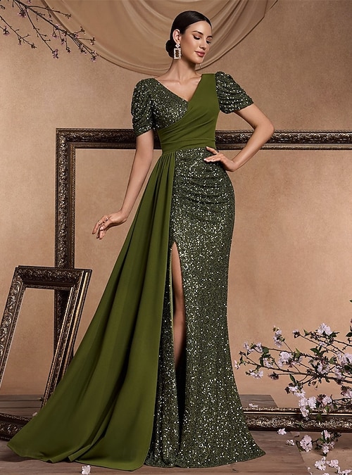 A-Line Floor Length Evening Gown Quinceanera Dresses Ball Gown with Overskirt Formal Dress Elegant Short Sleeve V Neck Prom Evening Party Sequined with Sequin 2026 - kr.1159 A-Line Floor Length Evening Gown Quinceanera Dresses Ball Gown with Overskirt Formal Dress Elegant Short Sleeve V Neck Prom Evening Party Sequined with Sequin 2026 - kr.1159