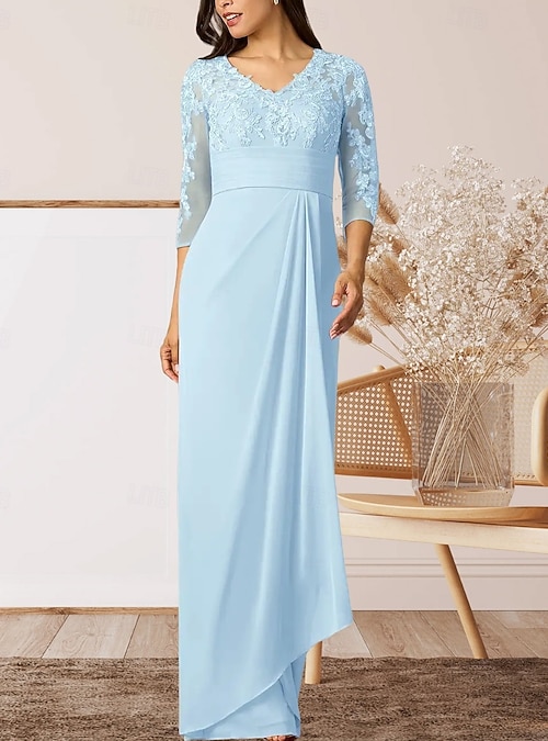 Sheath / Column Mother of the Bride Dress Wedding Guest Elegant High Split V  Neck Floor Length Chiffon 3/4 Length Sleeve with Ruffles Appliques Ruching  2026 - AU $296.49