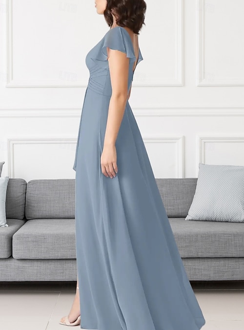 A-Line Bridesmaid Dress V Neck Short Sleeve Elegant Floor Length Chiffon  with Pleats / Ruffles / Ruching 2026