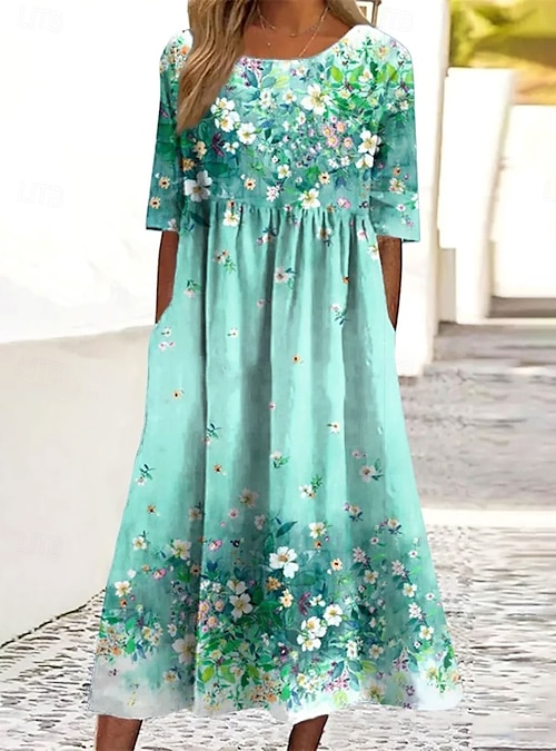 Women's Midi Dress Summer Dress Pleated Dress Vacation Casual Holiday Loose  Fit Floral Graphic Short Sleeve Crew Neck Red Green Summer 2026 - $31.99