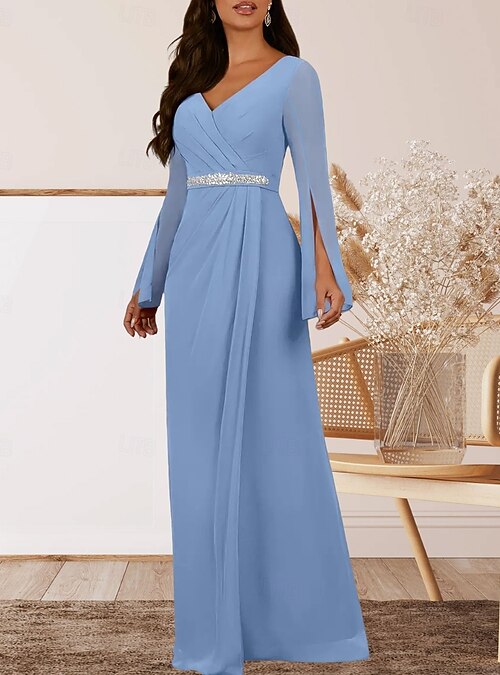 Abito Lungo Donna A Linea, Scollo A V Con Pizzo, Maniche Lunghe, Vita Impero, Floreale Viola, Chiffon, Taglie Forti XX-Large