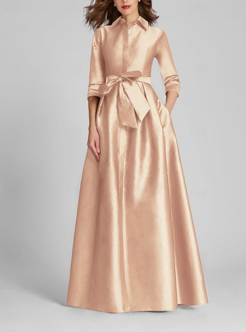A-Line Floor Length Shirt Dress Wedding Guest Dress Formal Dresses Mother  of the Bride Dress Half Sleeve Shirt Collar Minimalist Formal Wedding Guest  Fall Satin with Bow(s) Pleats 2026 - CAD $249.99