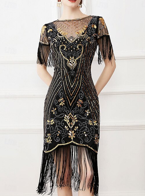 Black and Gold Mother of the Bride Dress Elegant Vintage V Neck Knee Length  Short Sleeve with Sequin Tassel 2026 - $125.99