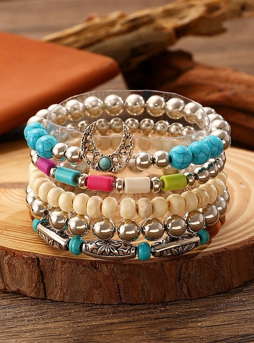 Bracciale Rigido Turchese Sintetico In Stile Bohémien Con Lega Di Zinco - Regolabile, Elastico, Look Western Cowgirl - Gioiello Moda Donna