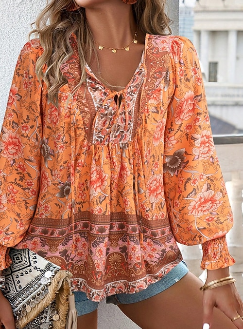 Femmes Chemise Bohème Chemisier Fleur Moderne Boho manche longue